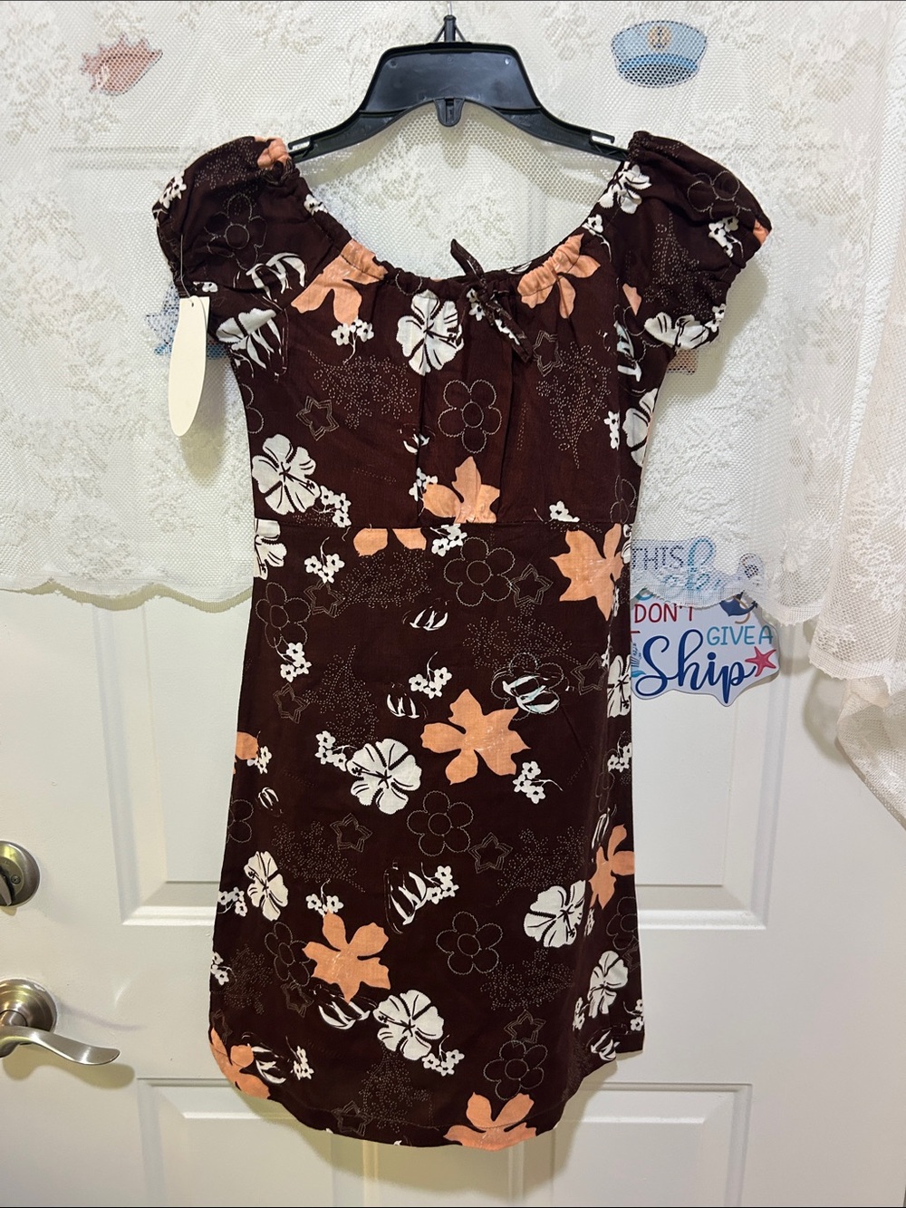 Blue Sky Brown Floral Tie-Shoulder Dress with Peach & White Blooms